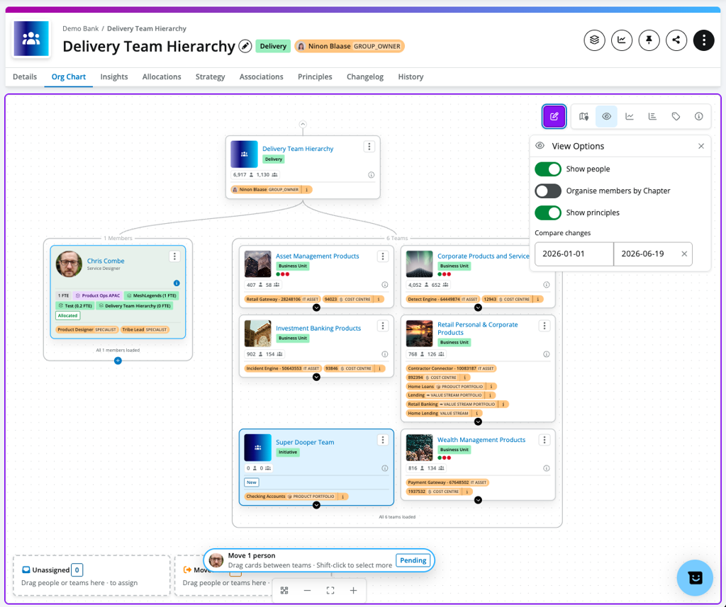 Drag-and-drop editing in org design edit mode